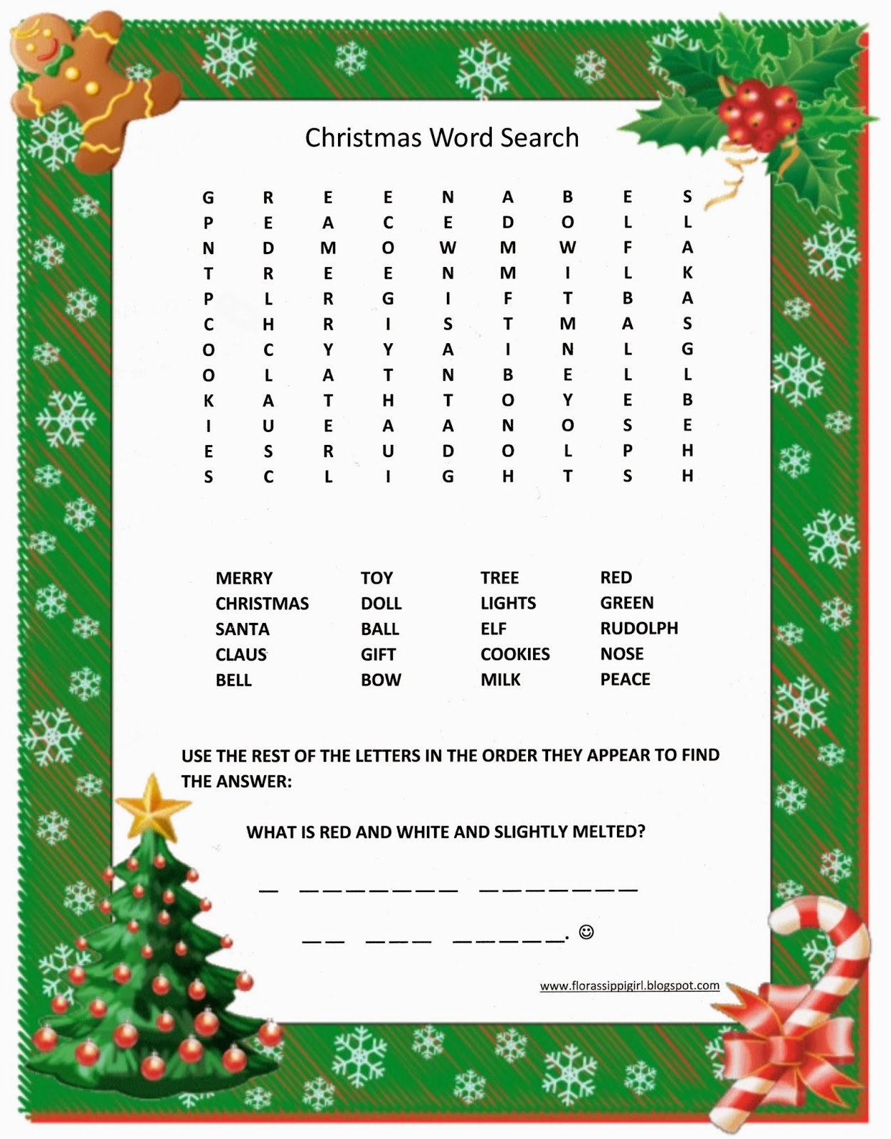 Florassippi Girl Christmas Word Search Free Printable