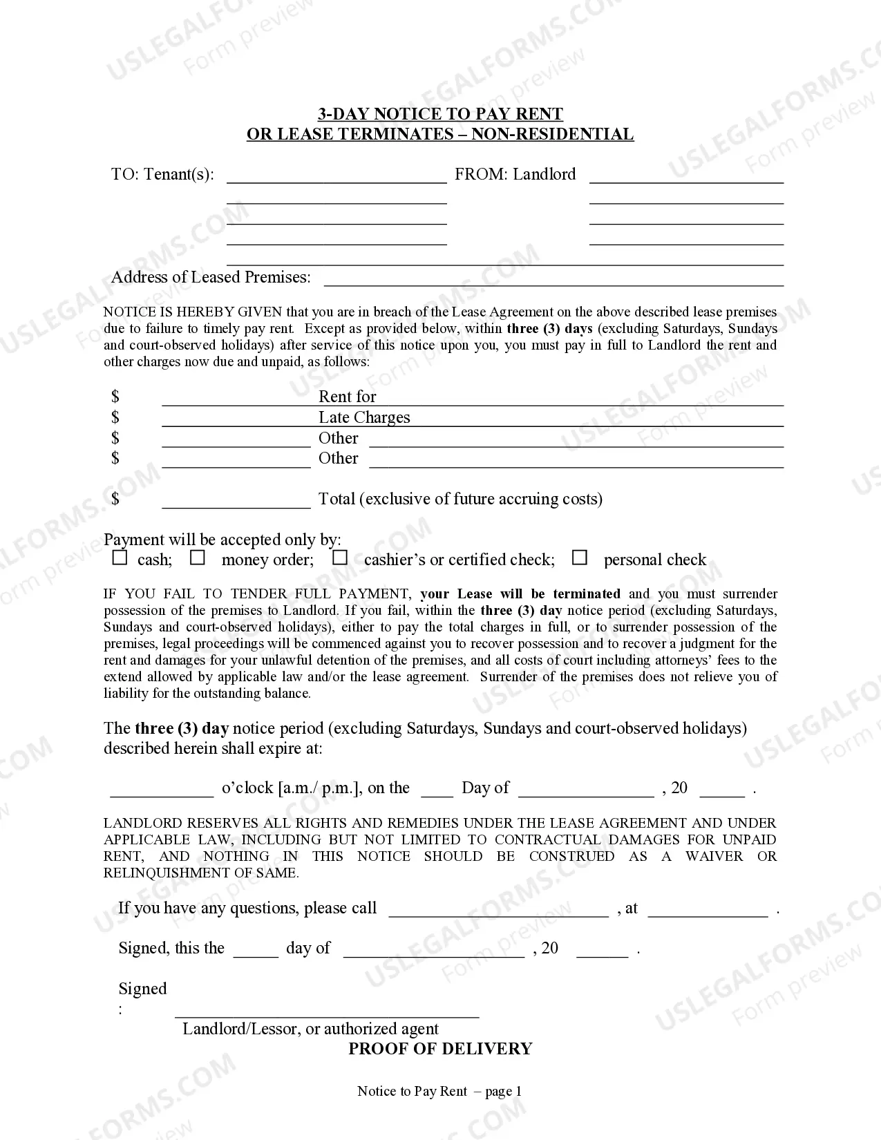 Florida 3 Day Notice To Pay Rent Or Lease Terminated For Nonresidential Or Commercial Property US Legal Forms