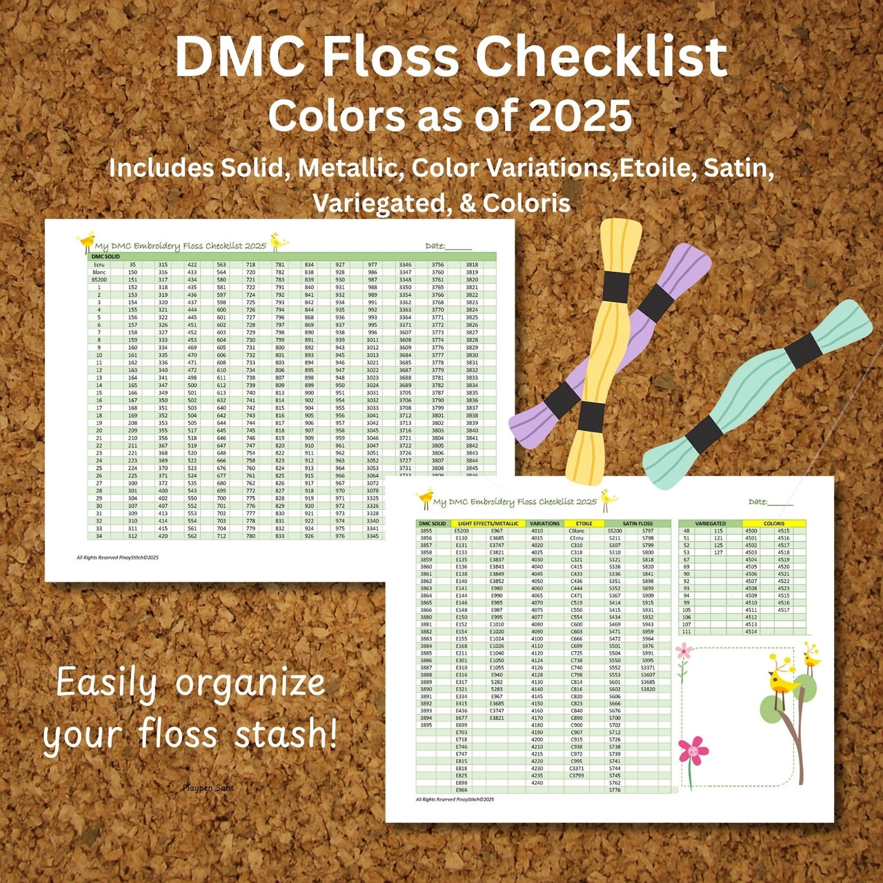 Floss Checklist DMC Floss Checklist PDF 2025 Embroidery Thread Inventory Form Solid Light Effects Variations Satin Variegated Coloris Etoile PinoyStitch
