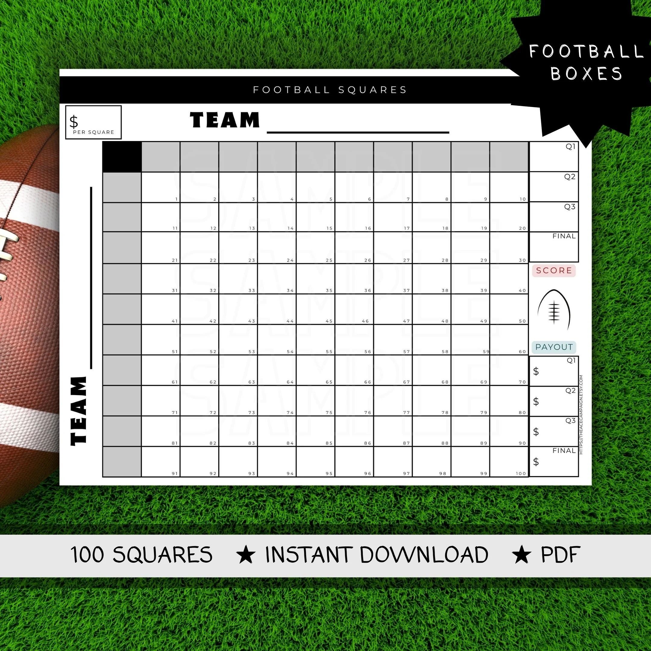 Football Squares 100 Grid Template Big Game Pool PDF Etsy