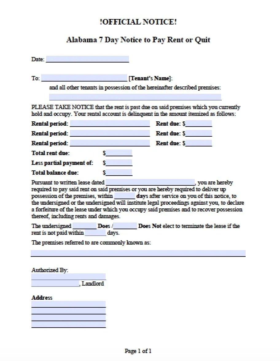 Free Alabama 7 Day Notice To Pay Or Quit PDF Free Alabama 7 Day Notice To Pay Or Quit PDF