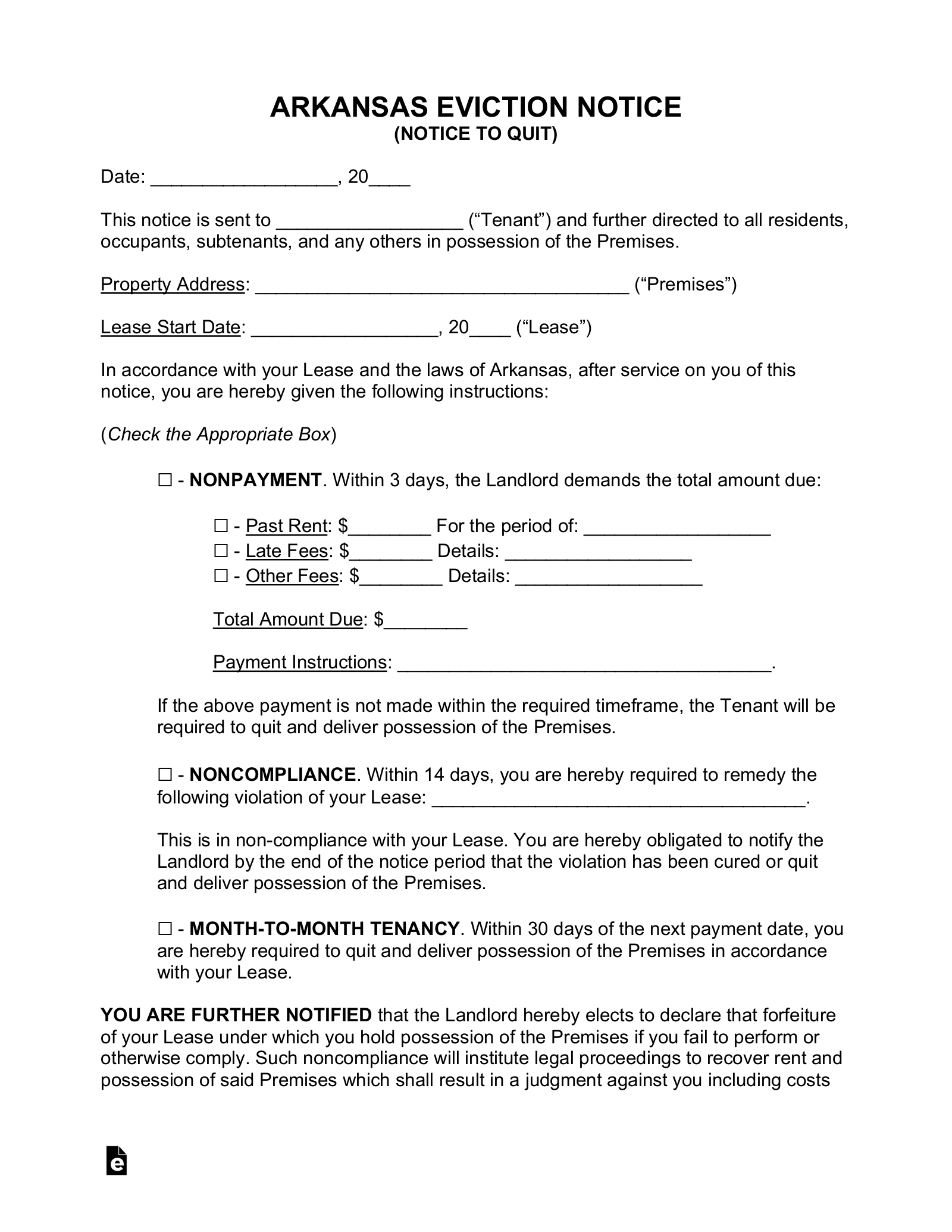 Free Arkansas Eviction Notice Forms 3 PDF Word EForms