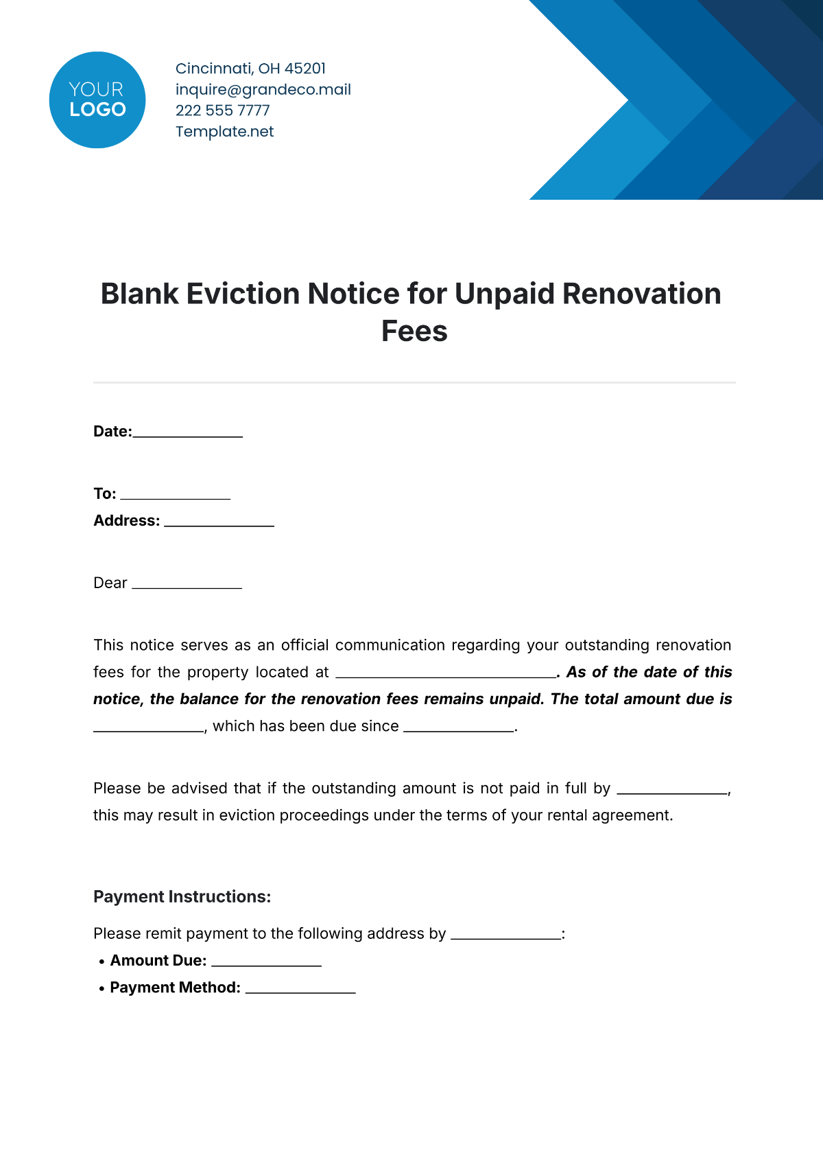 Free Blank Eviction Notice For Unpaid Renovation Fees Template To Edit Online