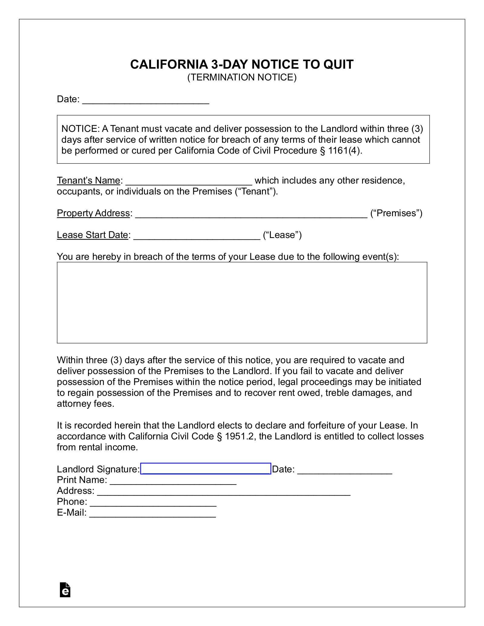 Free California 3 Day Notice To Quit Form Non Compliance Incurable PDF Word EForms