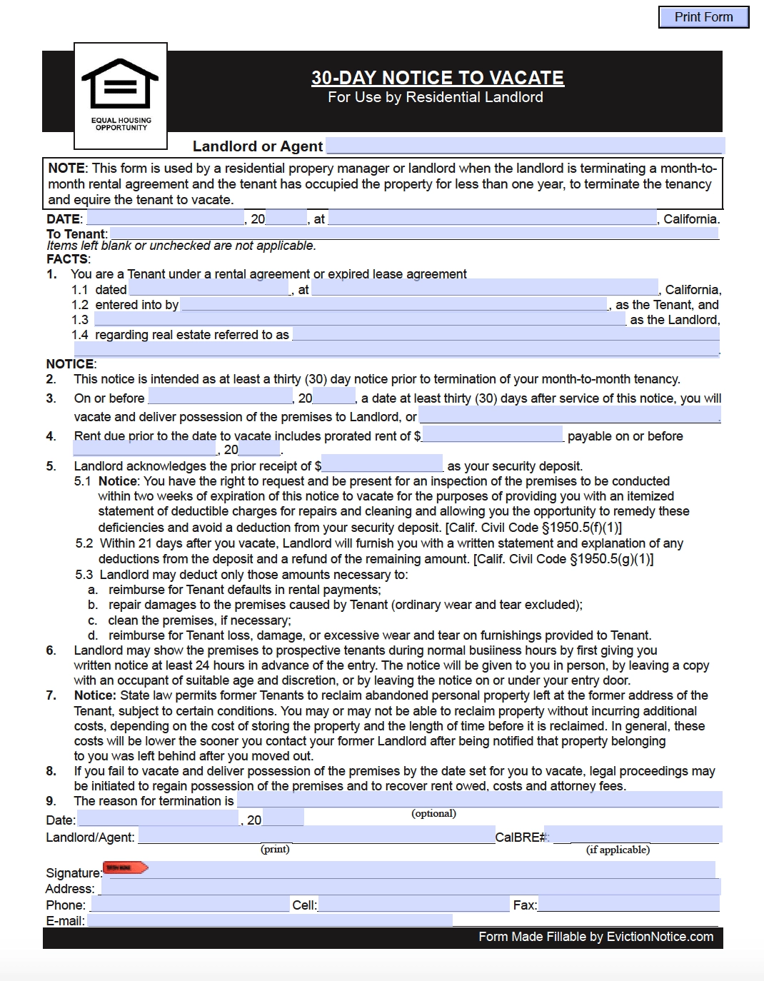 Free California 30 Day Notice To Quit Month To Month Tenancy Under 1 Year PDF