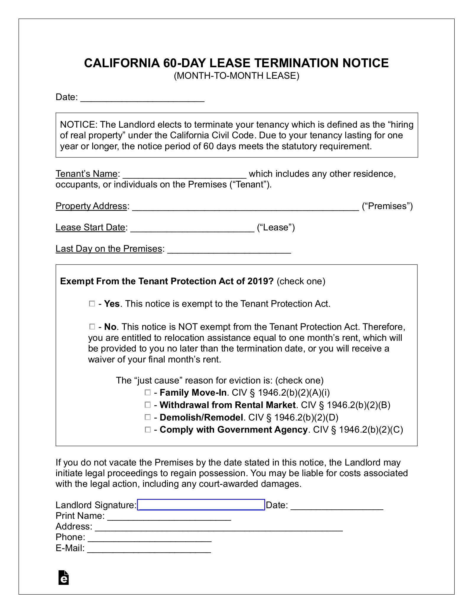 Free California Lease Termination Letter 60 Day Notice PDF Word EForms