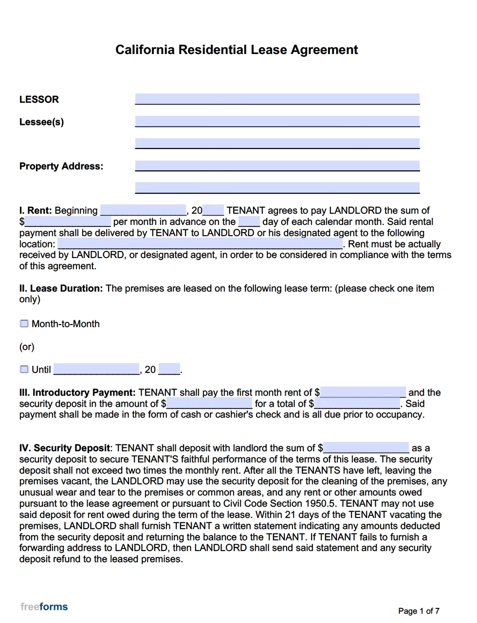 Free California Rental Lease Agreement Templates 7 PDF Word