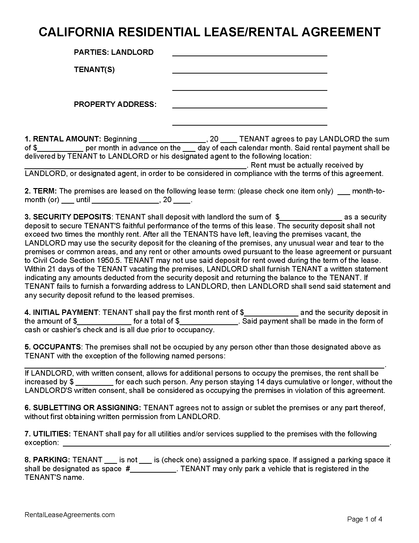 Free California Residential Lease Agreement PDF