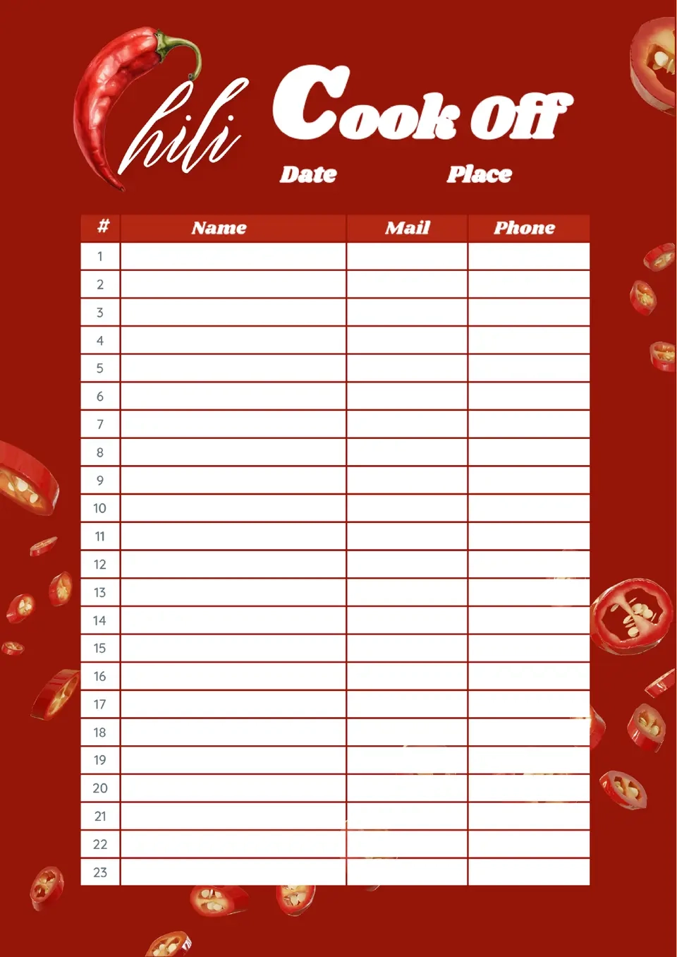 Free Chili Cook Off Sign Up Sheet Template For Google Docs