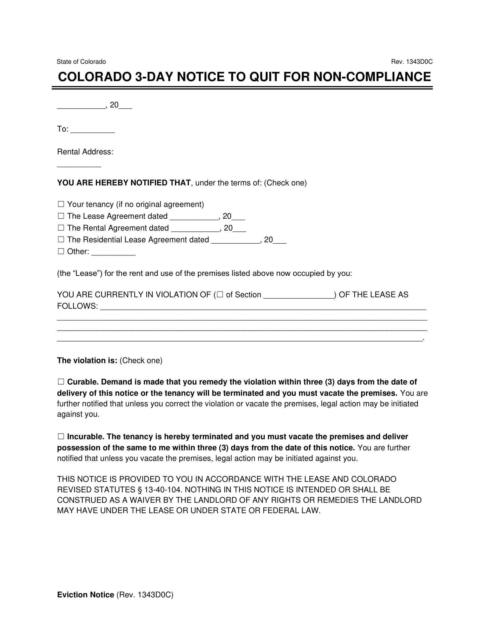 Free Colorado Eviction Notice Forms 3 10 Day Colorado Eviction Templates