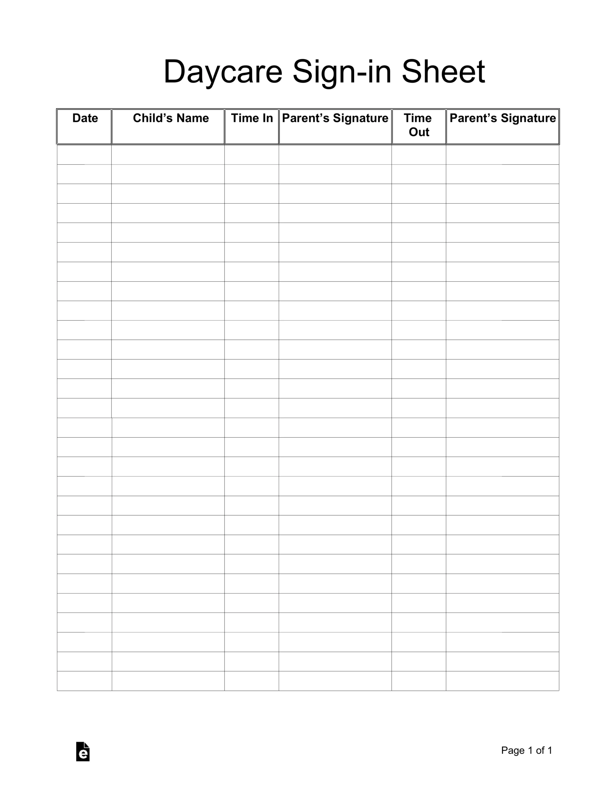 Free Daycare Sign in Sheet Template PDF Word EForms