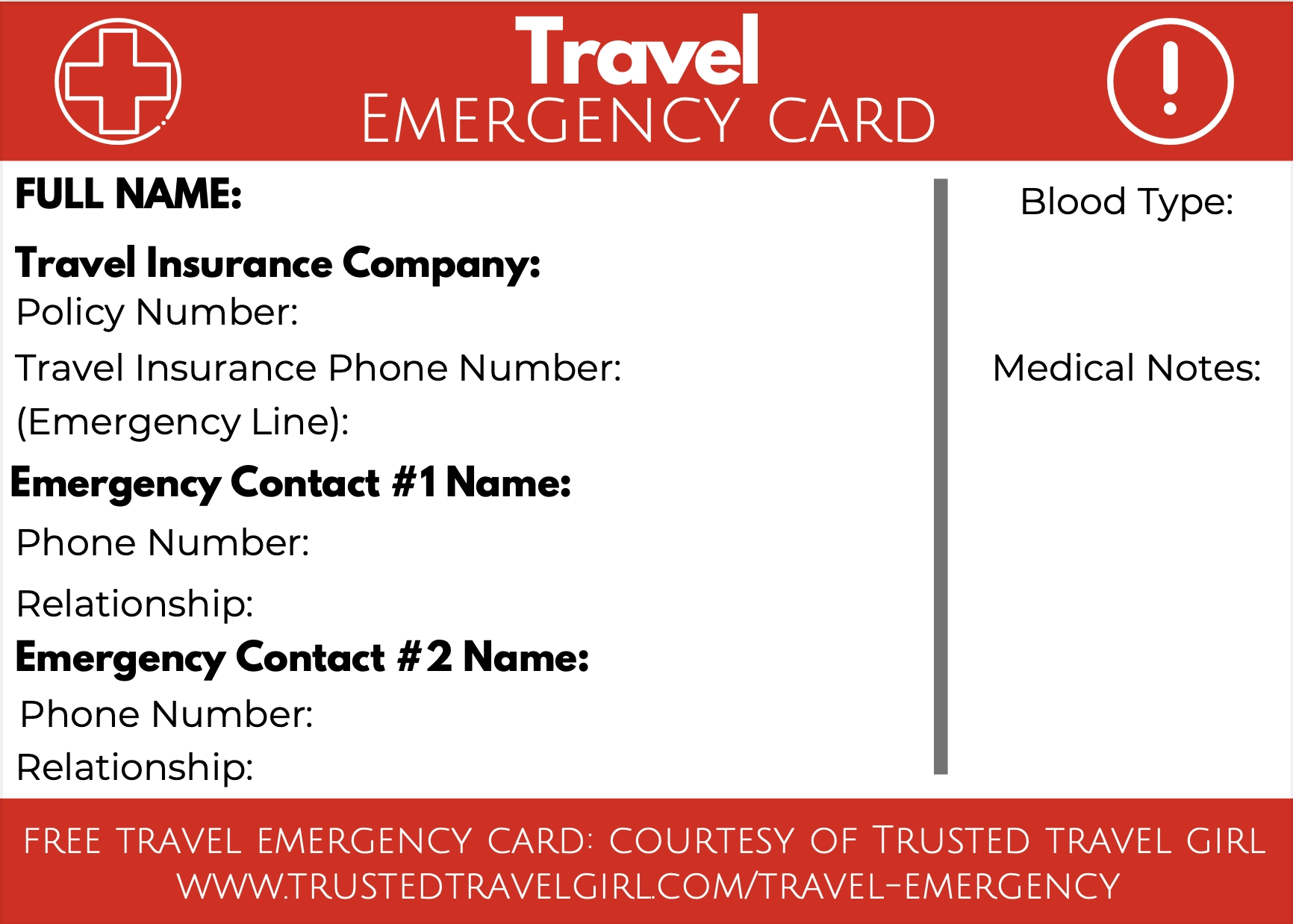 Free Emergency Contact Cards For Travelers To Carry Trusted Travel Girl