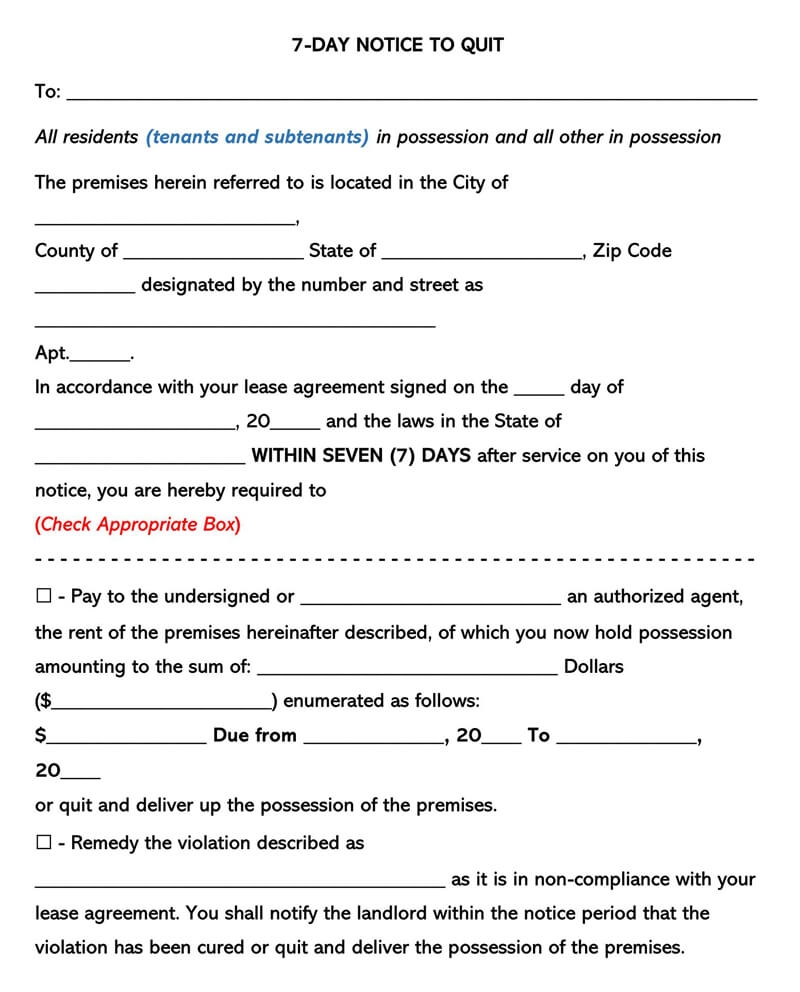 Free Eviction Notice Forms Notice To Quit Word PDF