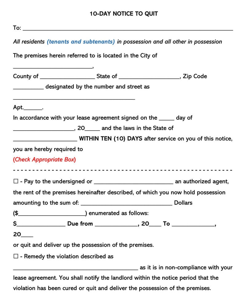 Free Eviction Notice Forms Notice To Quit Word PDF
