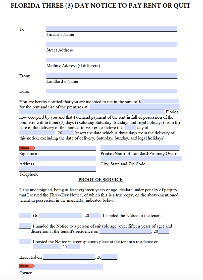 Free Florida 3 Day Notice To Pay Or Quit PDF
