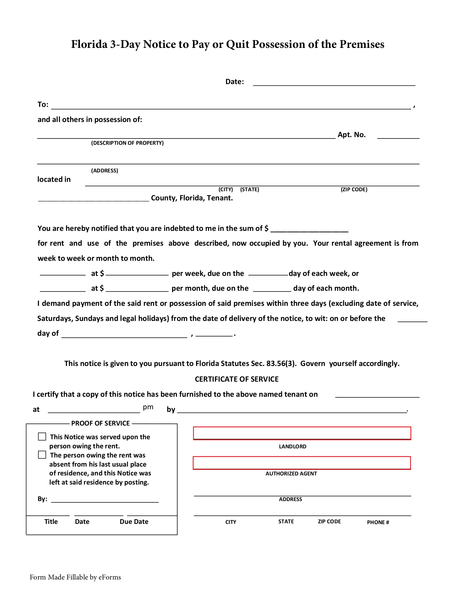 Free Florida 3 Day Notice To Quit Form Non Payment Of Rent PDF EForms