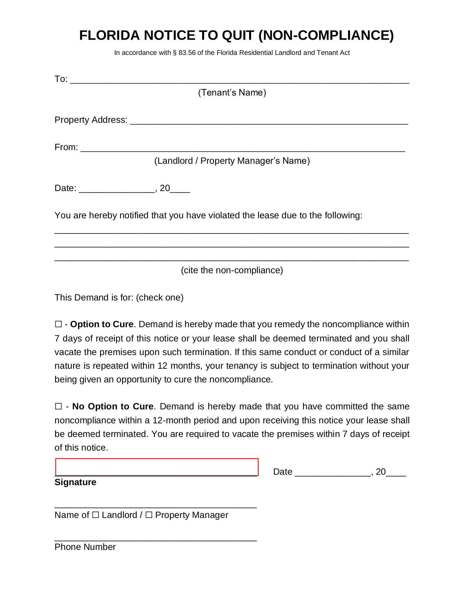 Free Florida 7 Day Notice To Quit Form Non Compliance PDF Word EForms