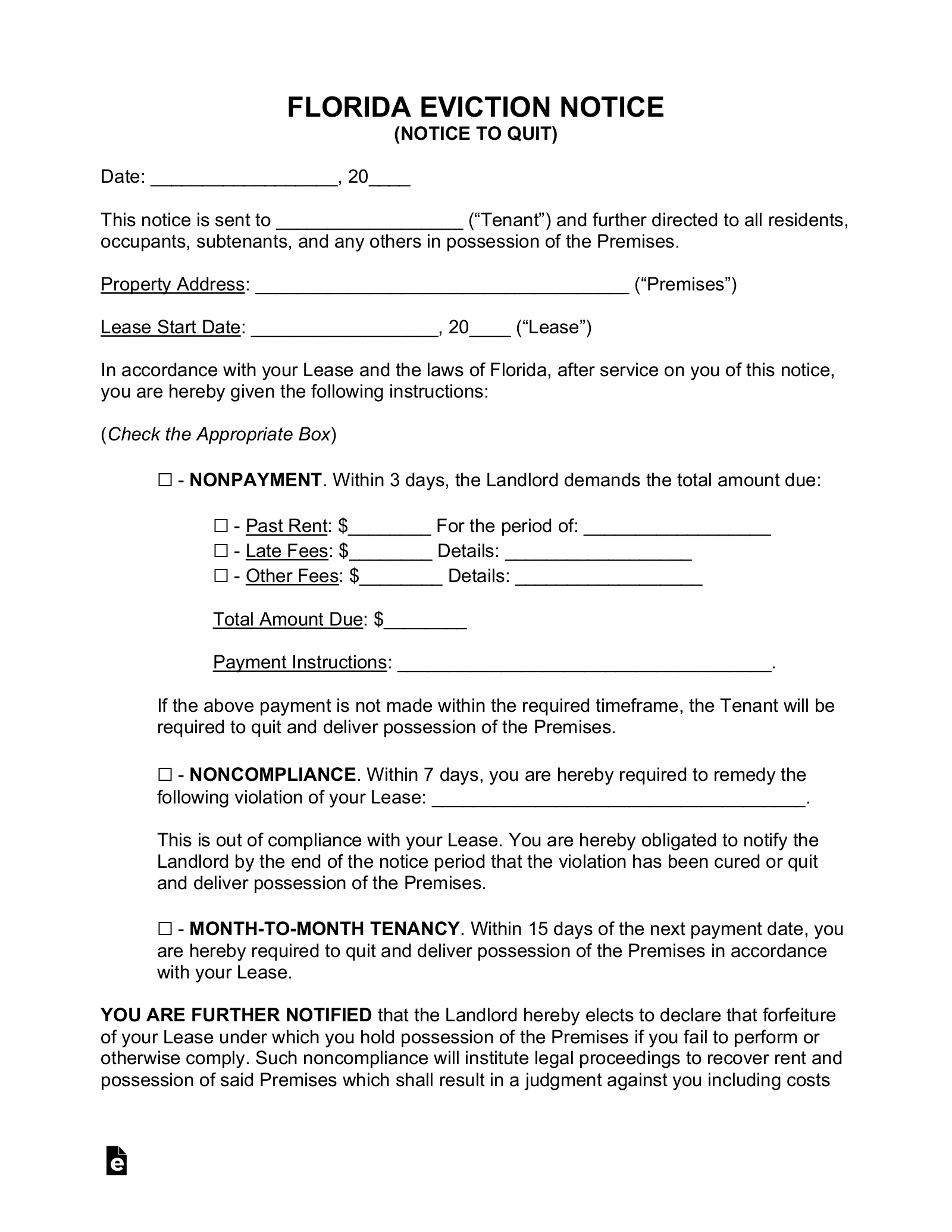 Free Florida Eviction Notice Forms 3 PDF Word EForms