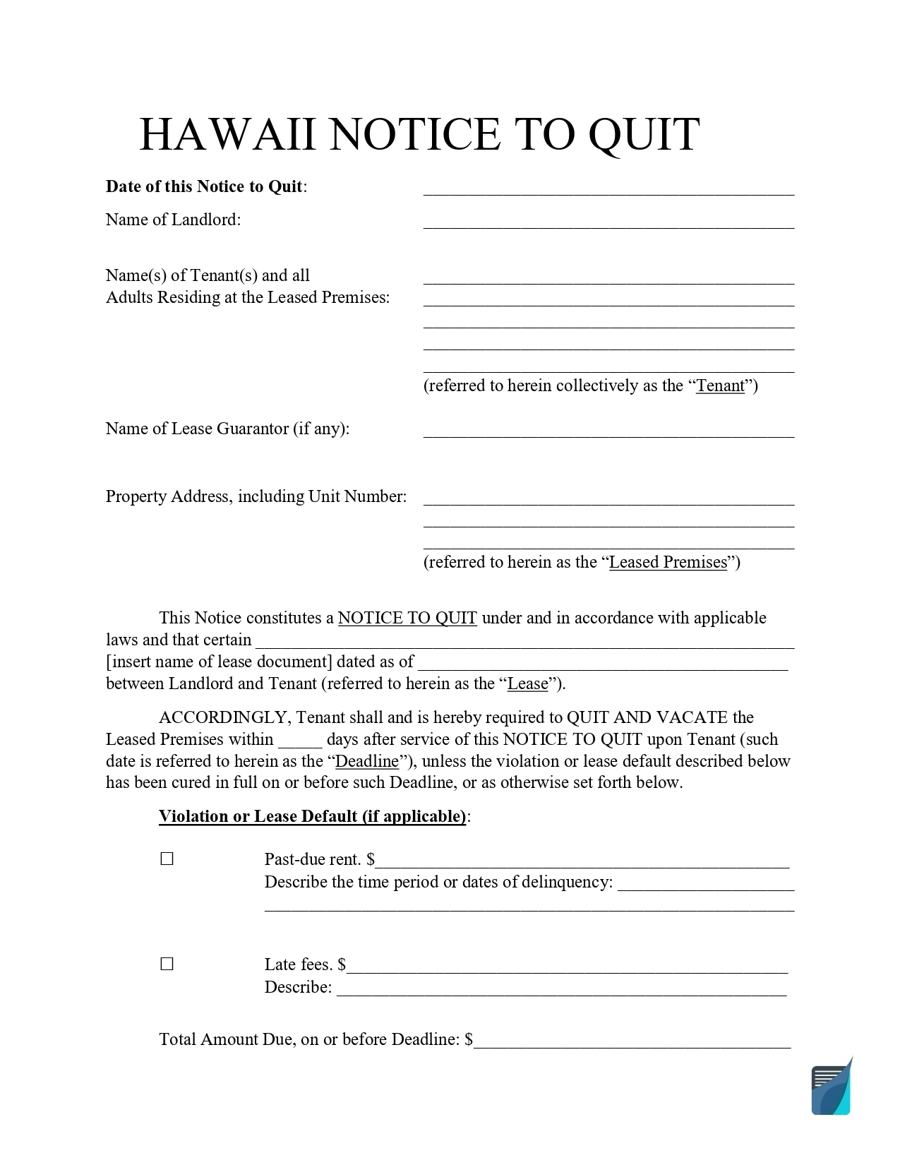 Free Hawaii Eviction Notice Forms HI Notice To Quit FormsPal
