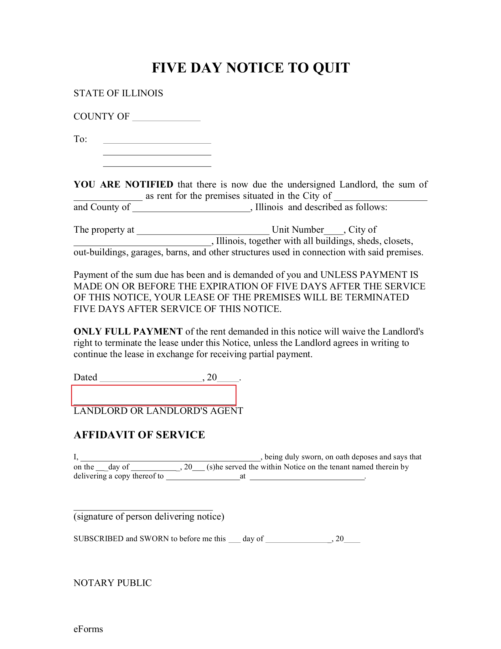 Free Illinois 5 Day Notice To Quit Form Non Payment Of Rent PDF EForms