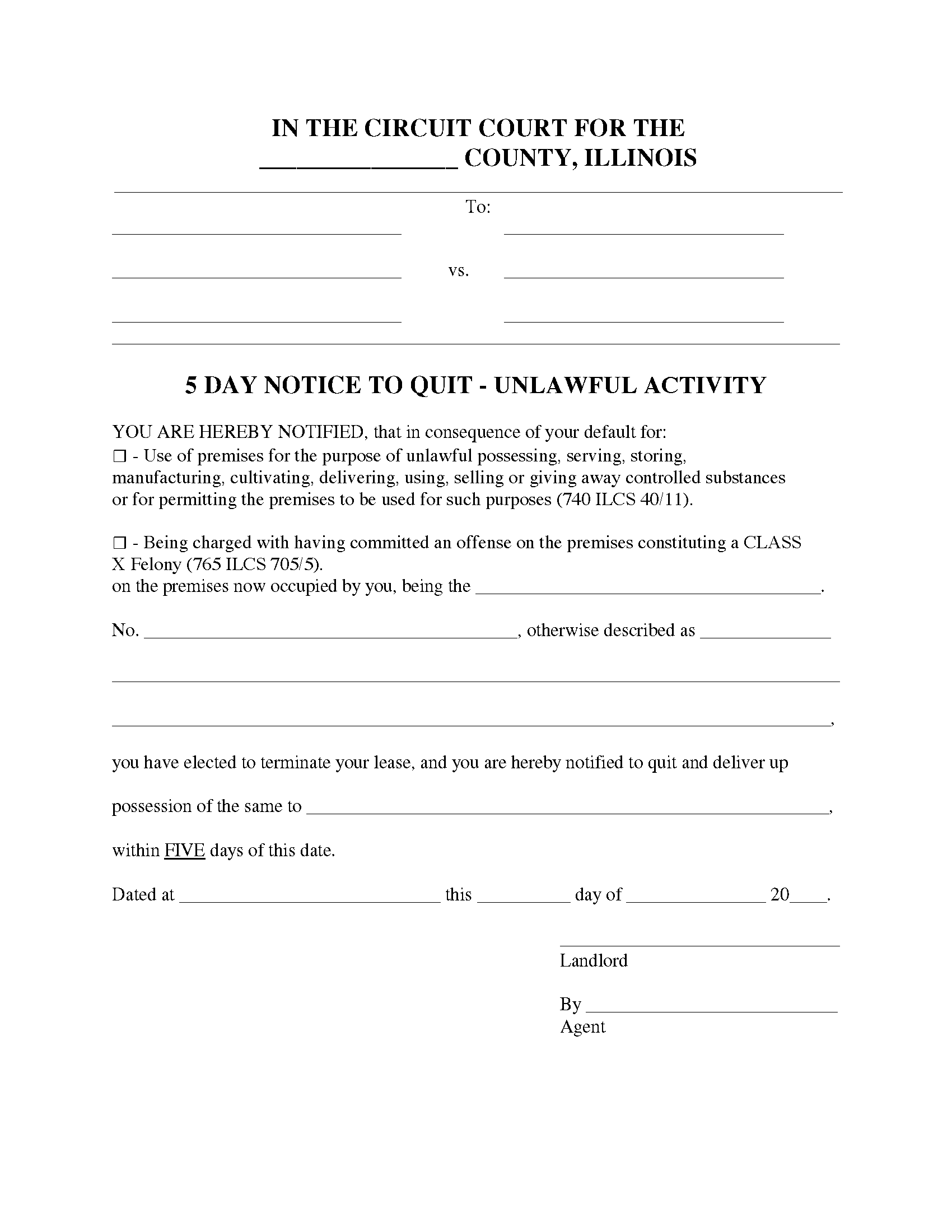 Free Illinois 5 Day Notice To Quit Form Unlawful Activity PDF EForms Free Illinois 5 Day Notice To Quit Form Unlawful Activity PDF EForms