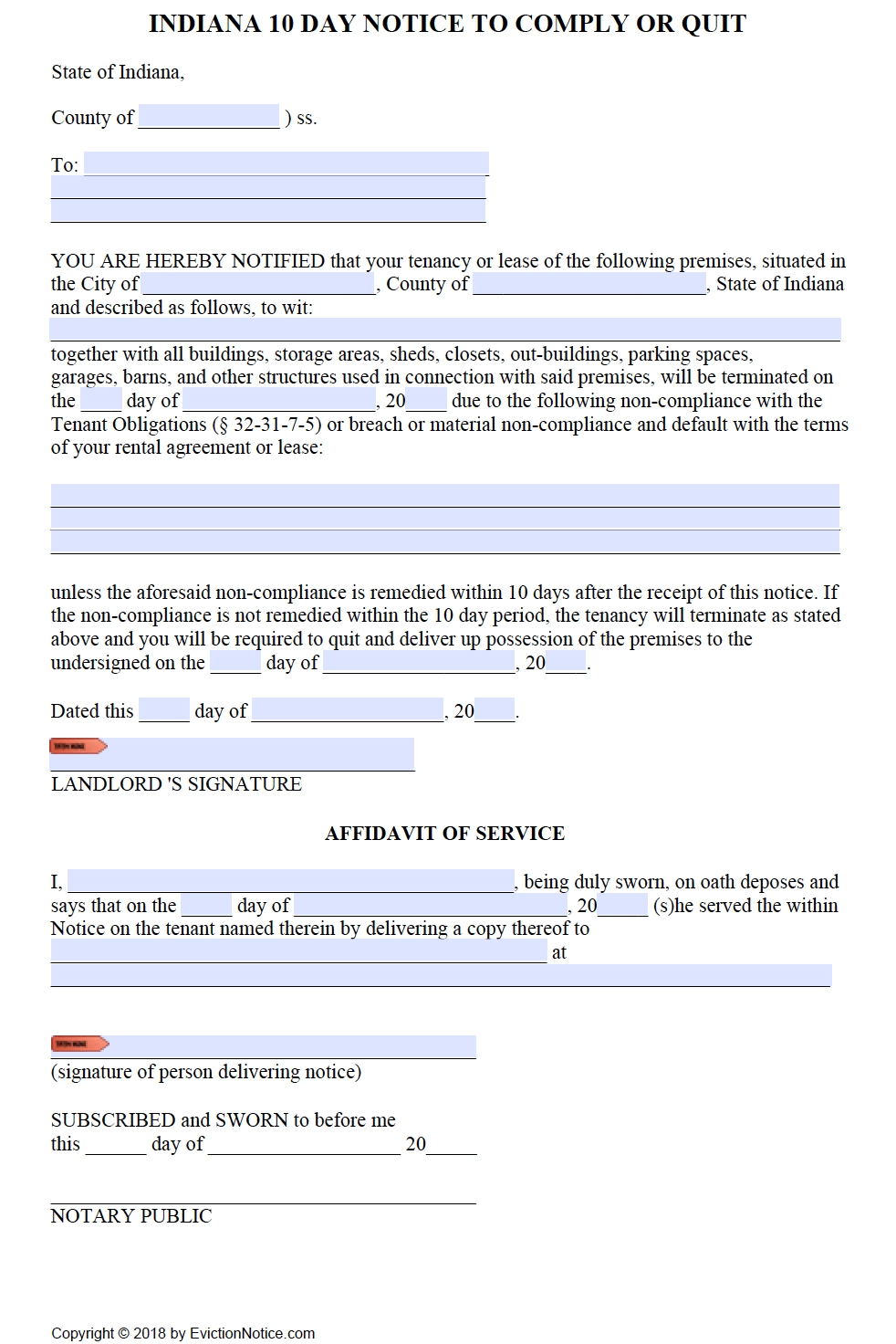 Free Indiana Eviction Notices