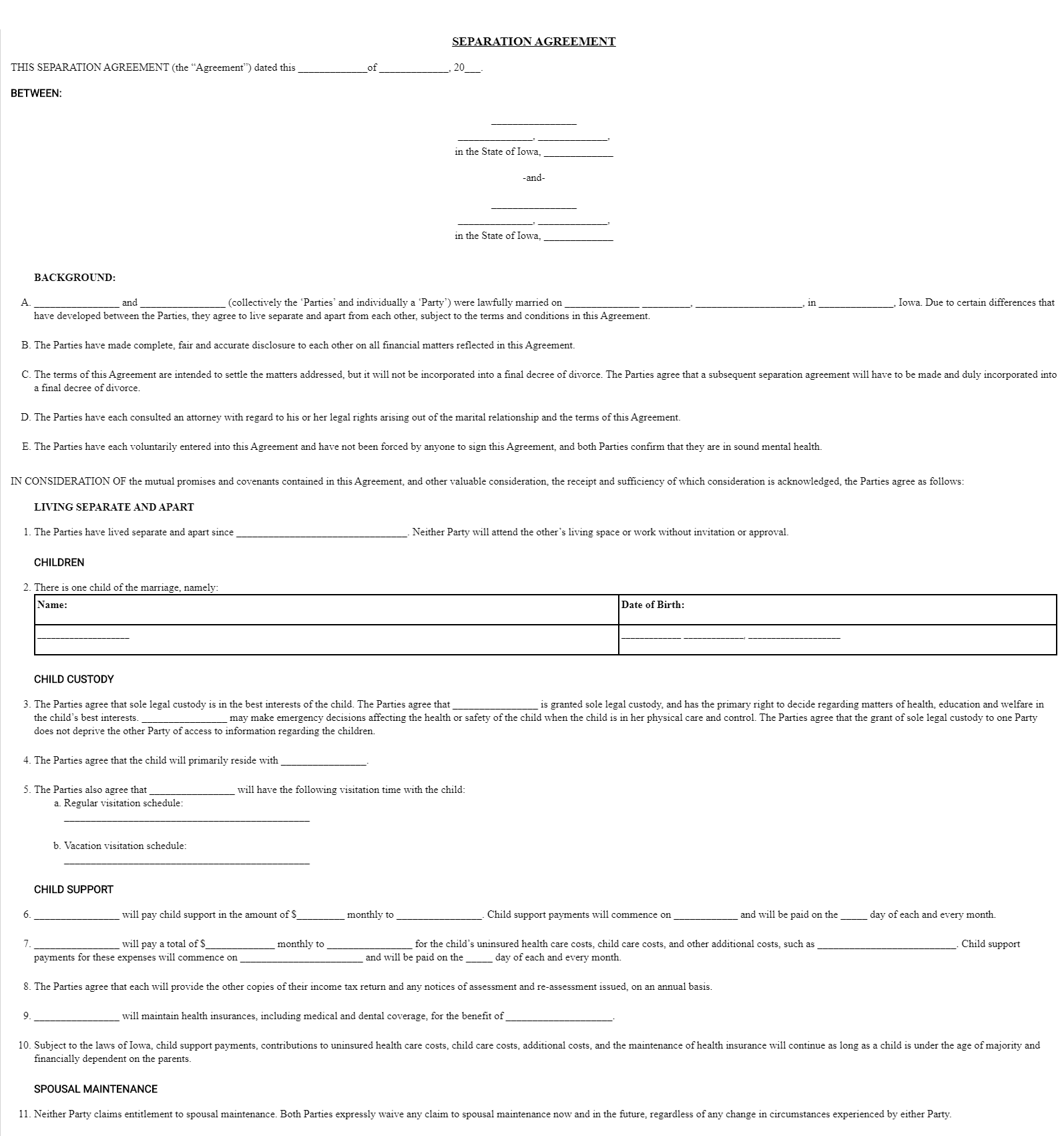 Free Iowa Marital Separation Agreement Forms Legal Worksheets Library