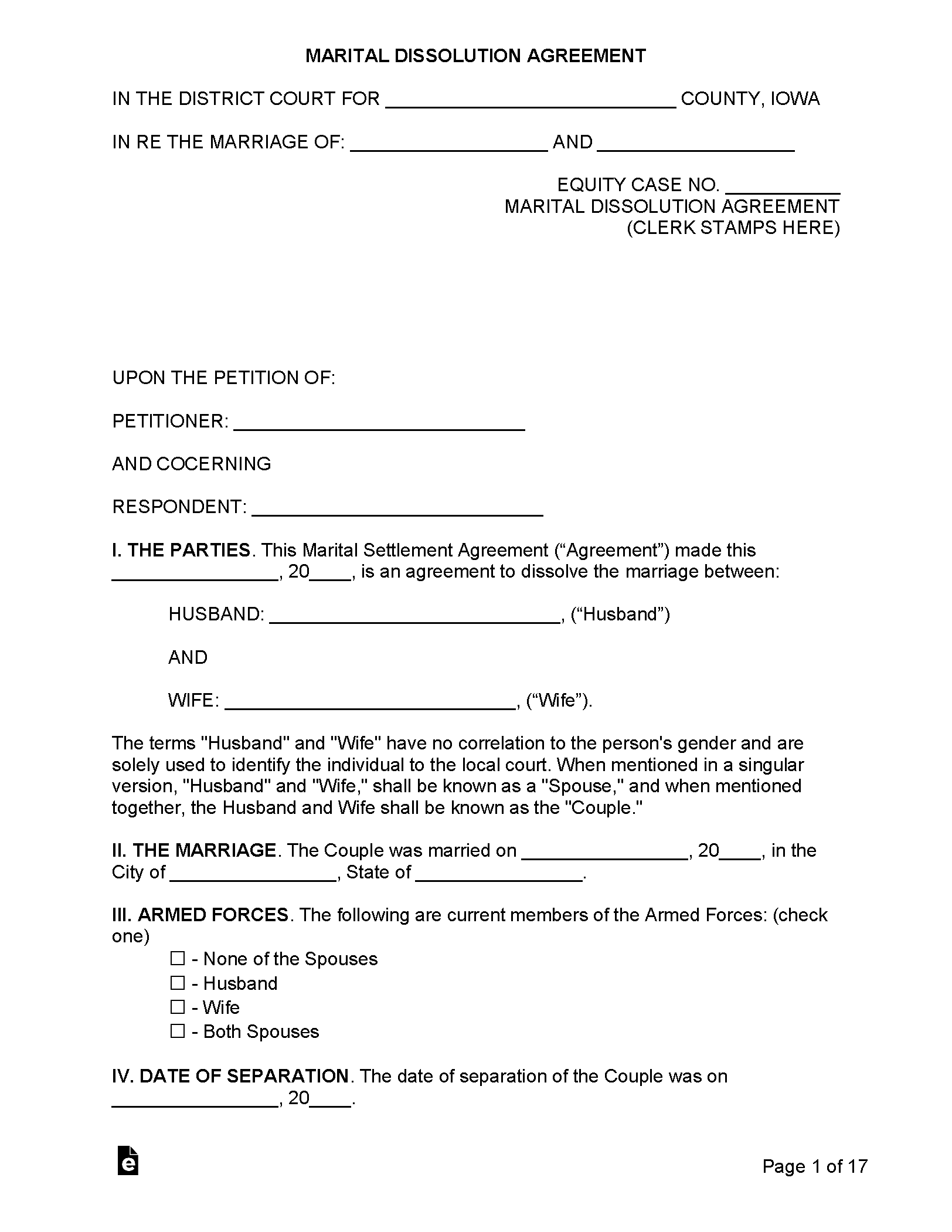Free Iowa Marital Settlement Divorce Agreement PDF Word EForms Worksheets Library
