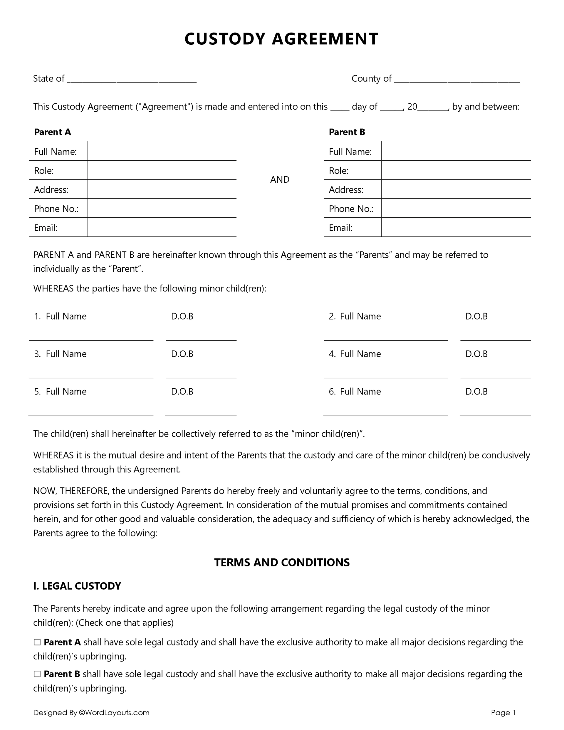 Free Joint Custody Agreement Template