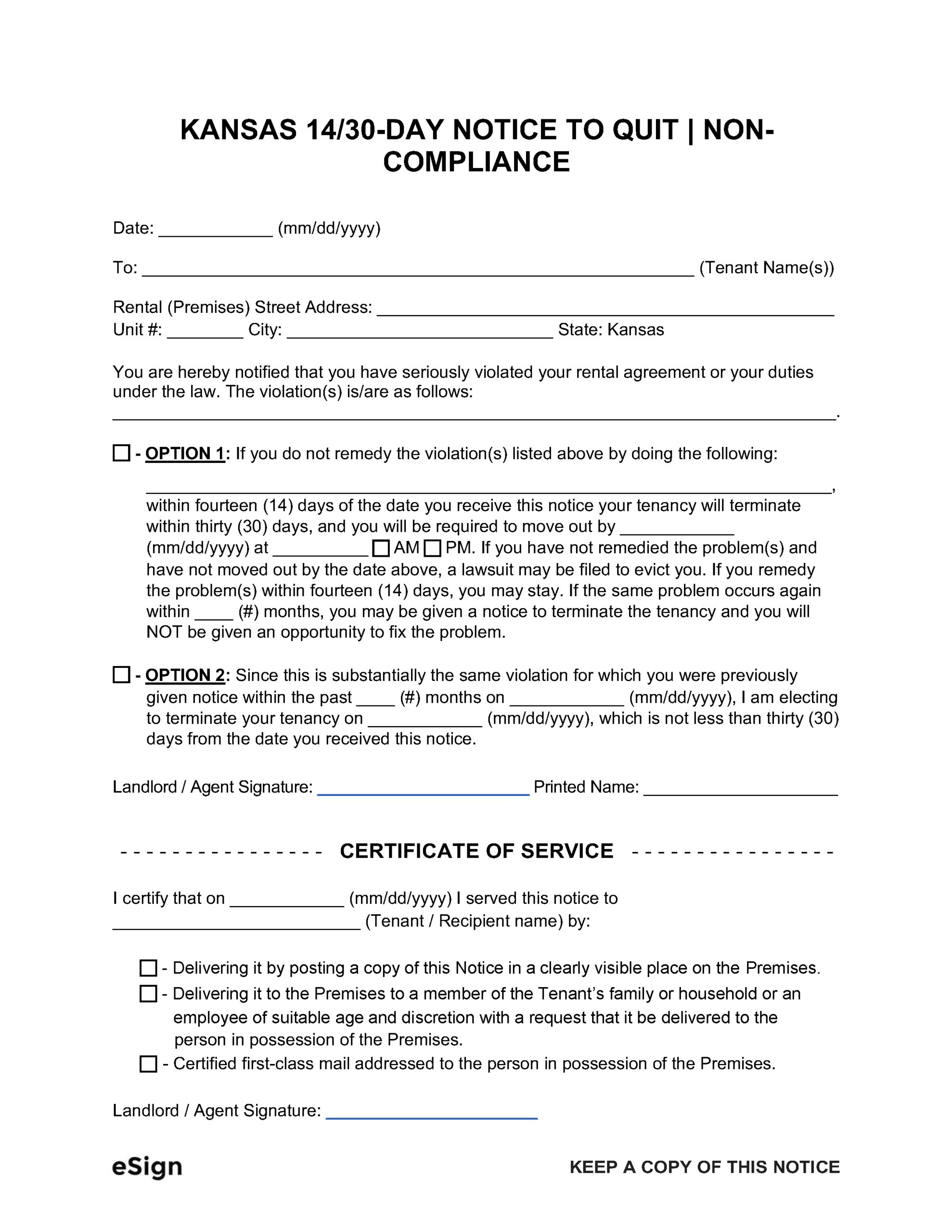 Free Kansas 14 30 Day Notice To Quit Non Compliance PDF Word