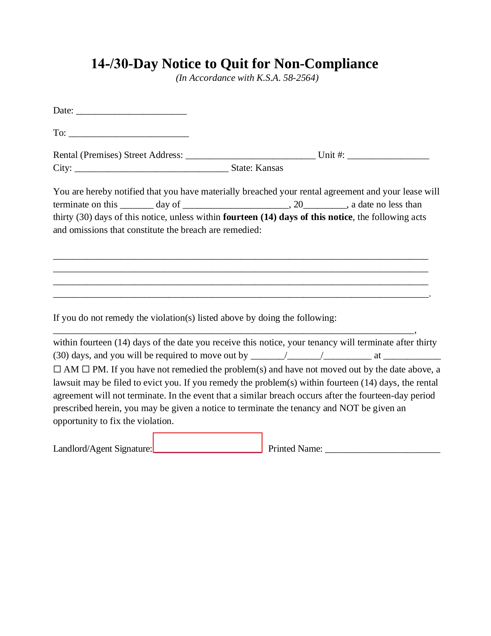 Free Kansas 14 Day Notice To Quit Form Non Compliance PDF Word EForms