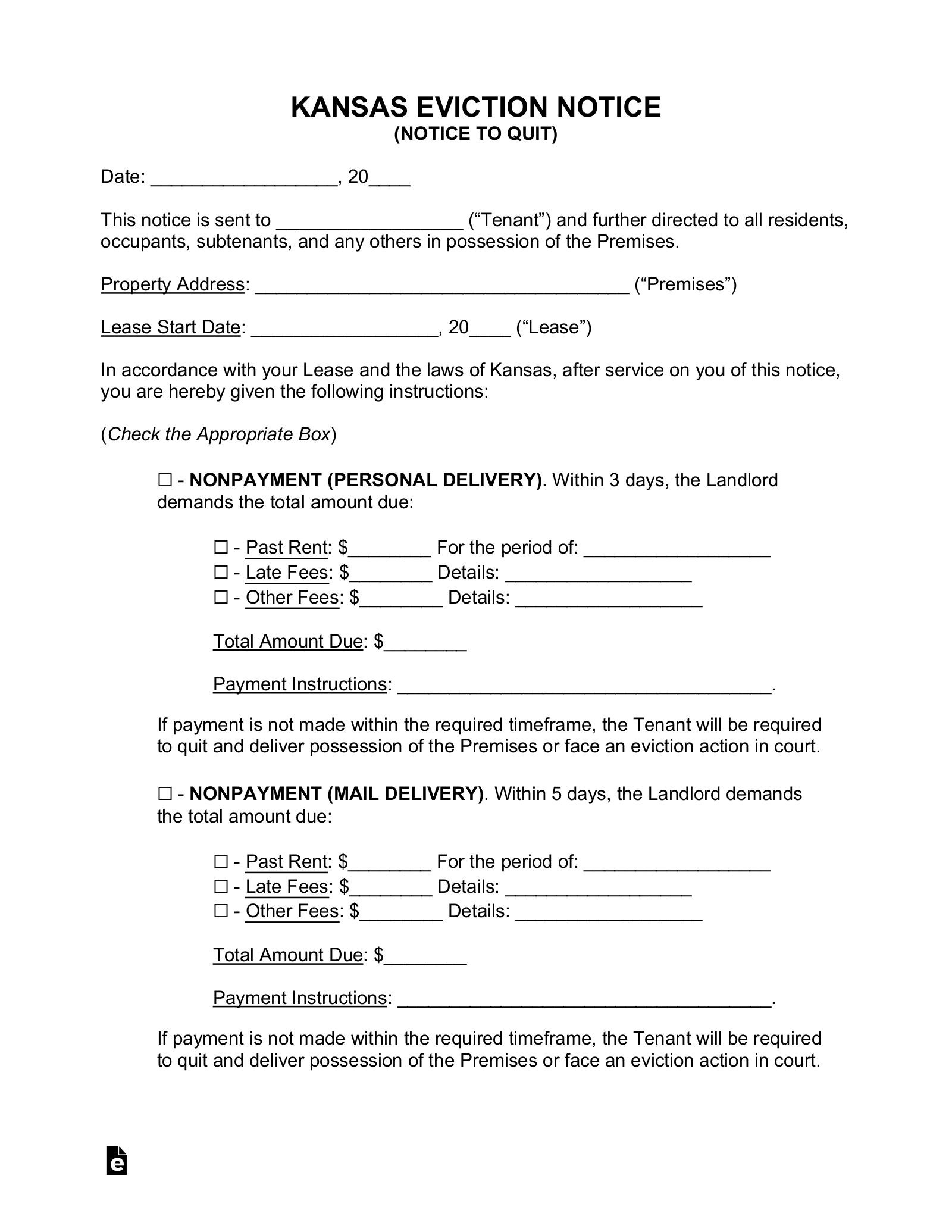 Free Kansas Eviction Notice Forms 5 PDF Word EForms