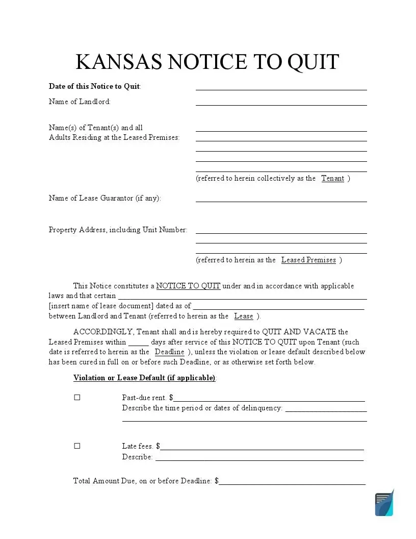 Free Kansas Eviction Notice Forms KS Notice To Quit FormsPal