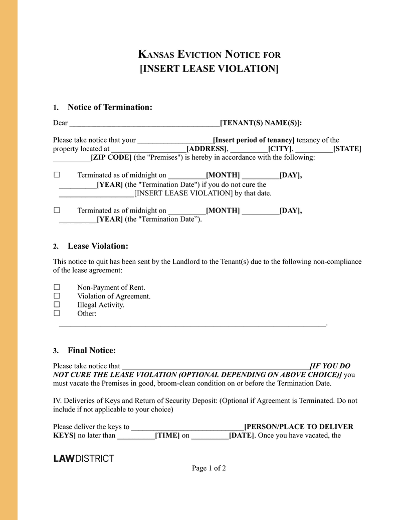 Free Kansas Eviction Notice Laws Requirements Lawdistrict