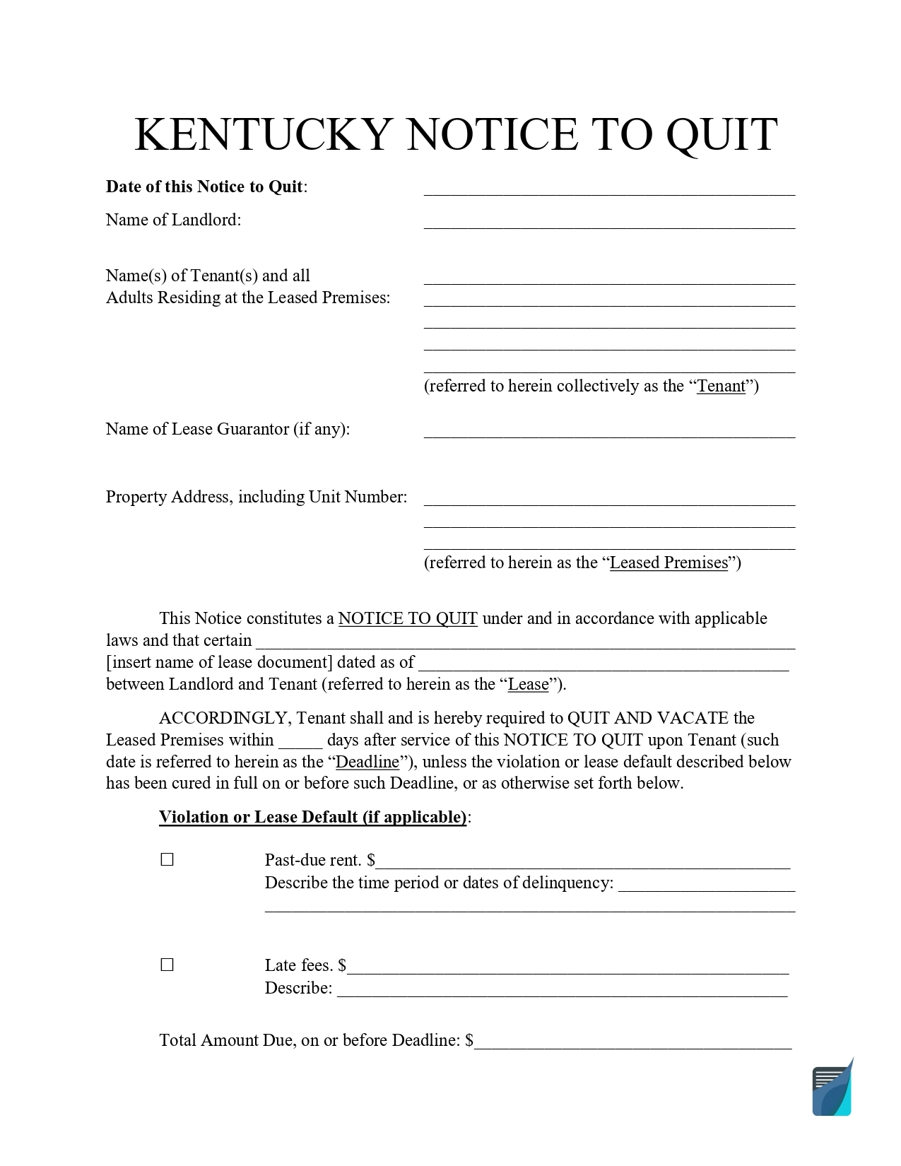Free Kentucky Eviction Notice Forms KY Notice To Quit FormsPal