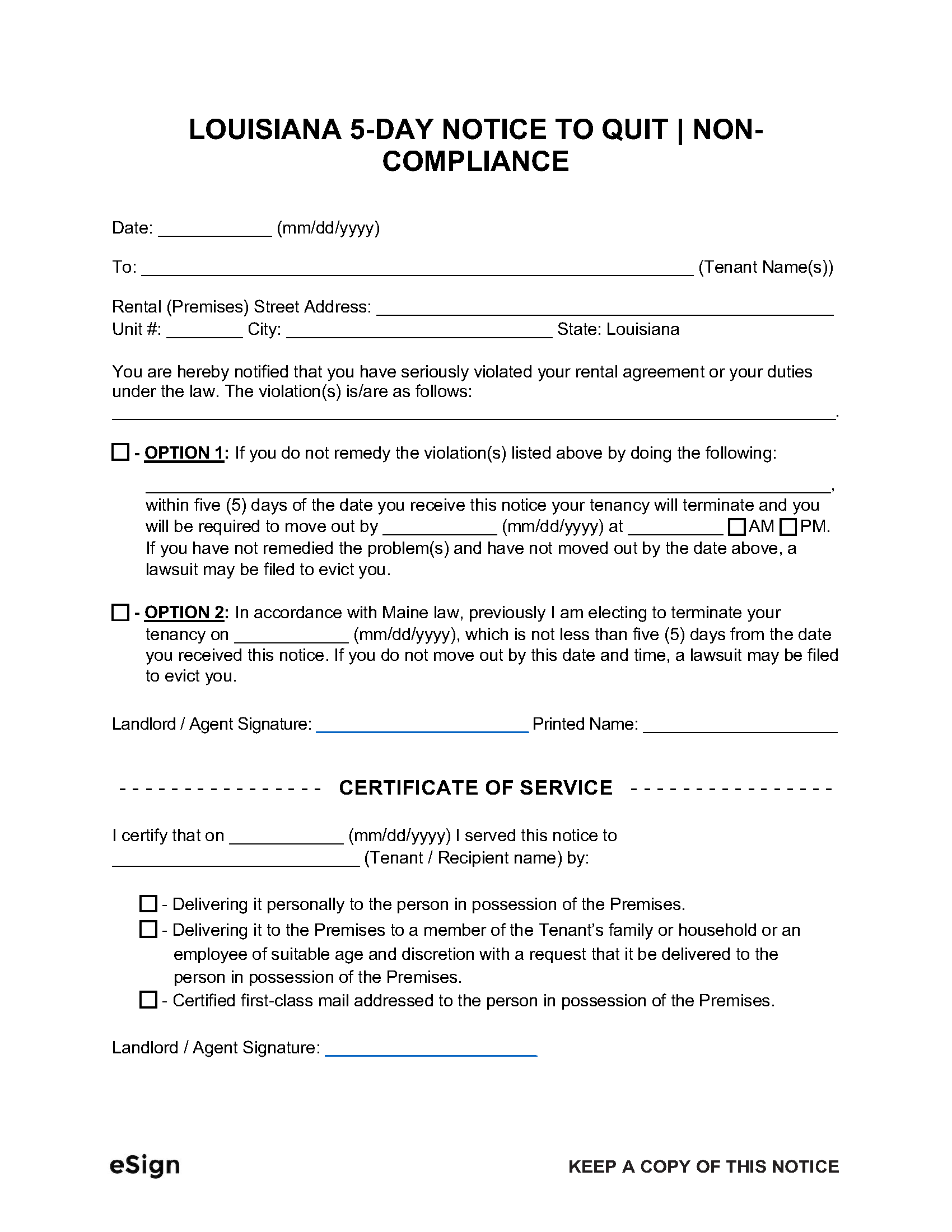 Free Louisiana 5 Day Notice To Quit Non Compliance PDF Word Free Louisiana 5 Day Notice To Quit Non Compliance PDF Word