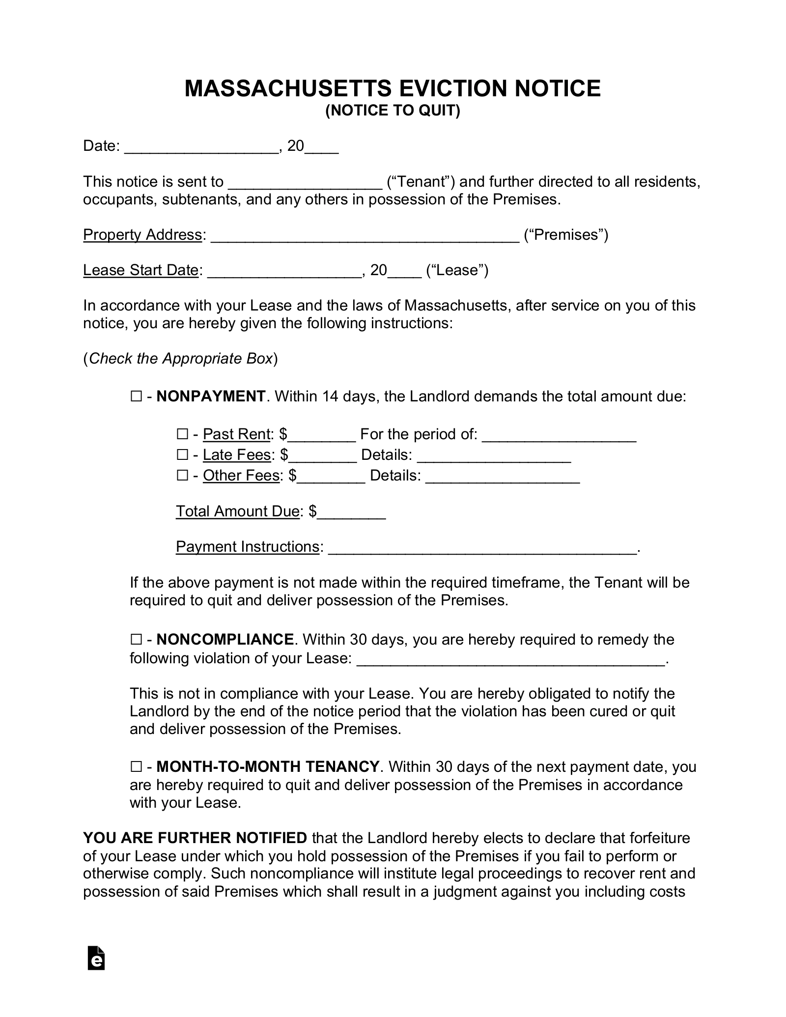 Free Massachusetts Eviction Notice Forms 3 PDF Word EForms
