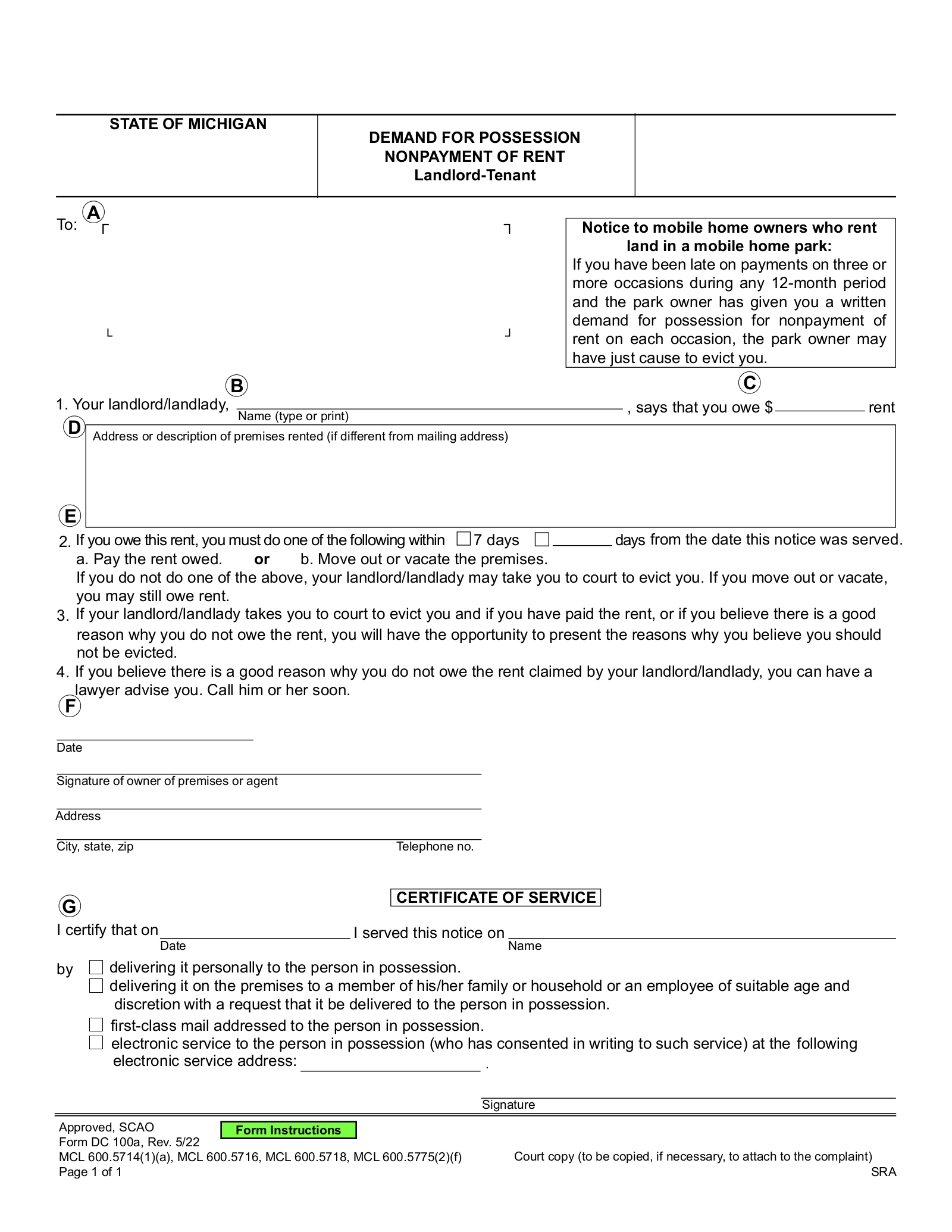 Free Michigan 7 Day Notice To Quit Form Non Payment Of Rent PDF EForms