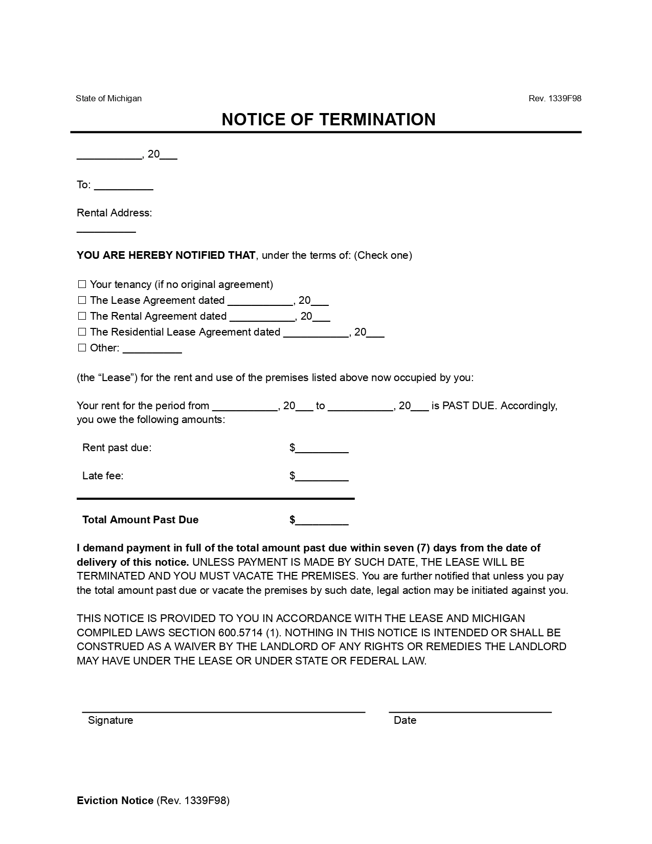 Free Michigan Eviction Notice Forms 7 30 Day Eviction Notice Templates