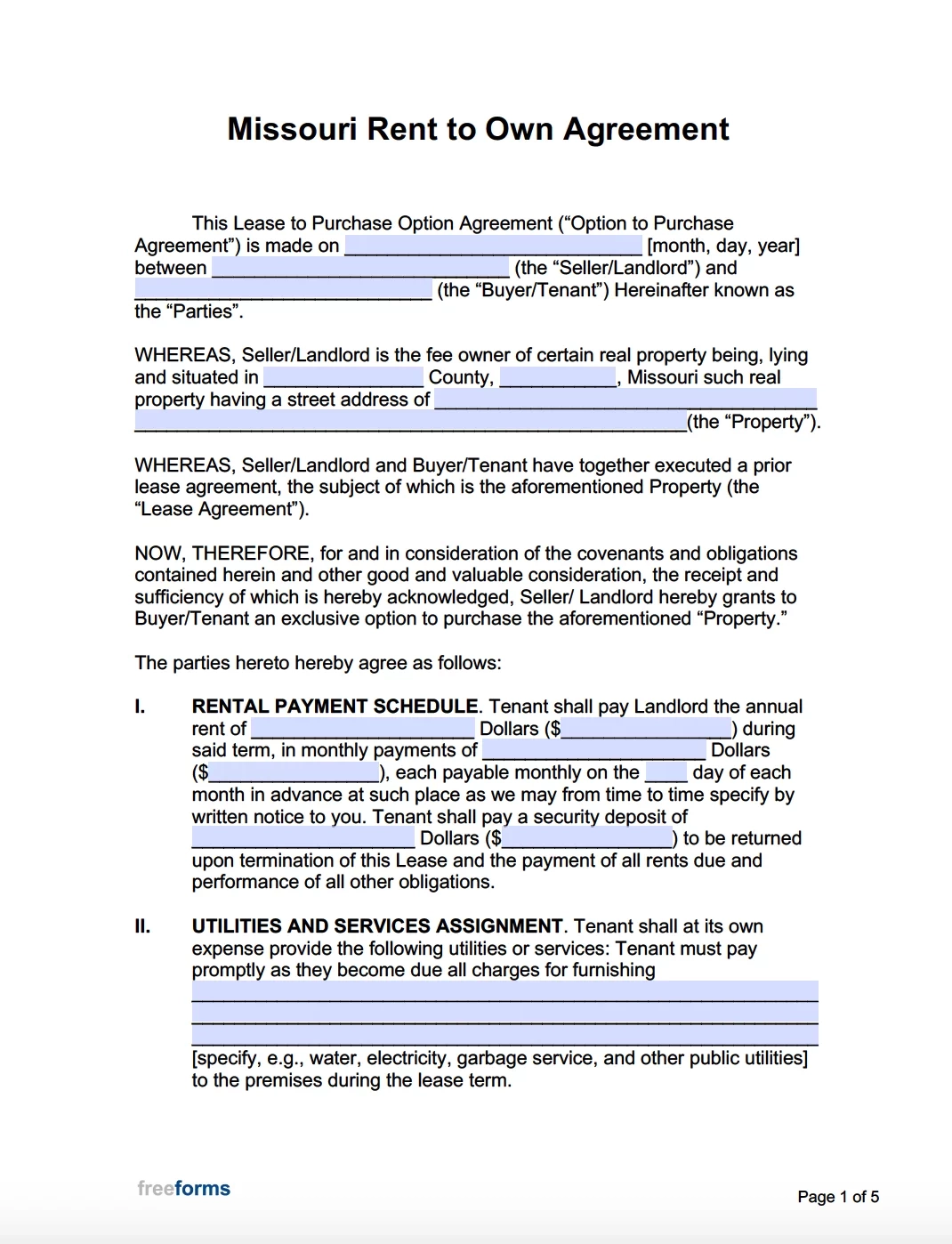 Free Missouri Rent To Own Agreement Form PDF Word