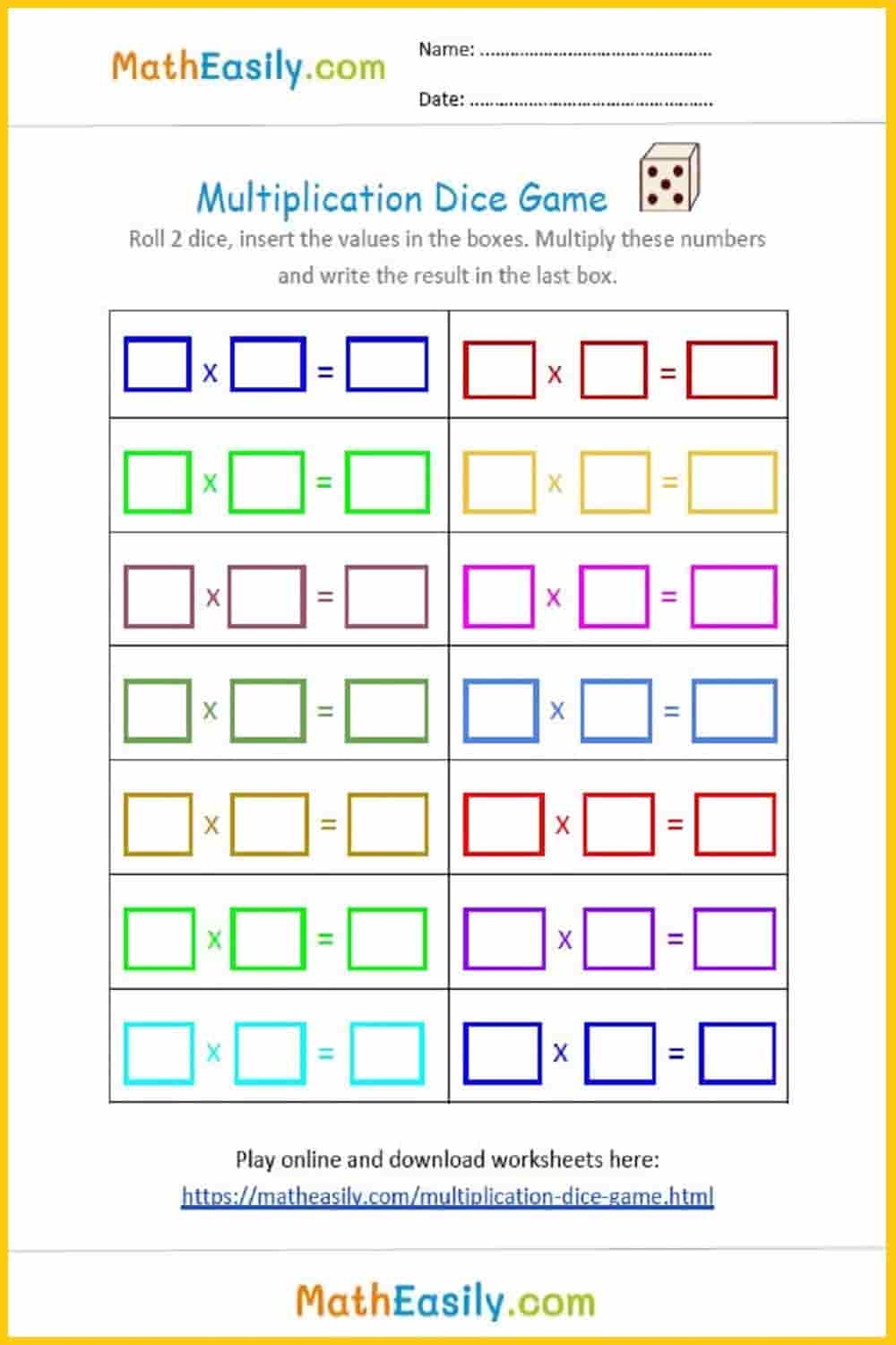 Free Multiplication Dice Games ONLINE Printable