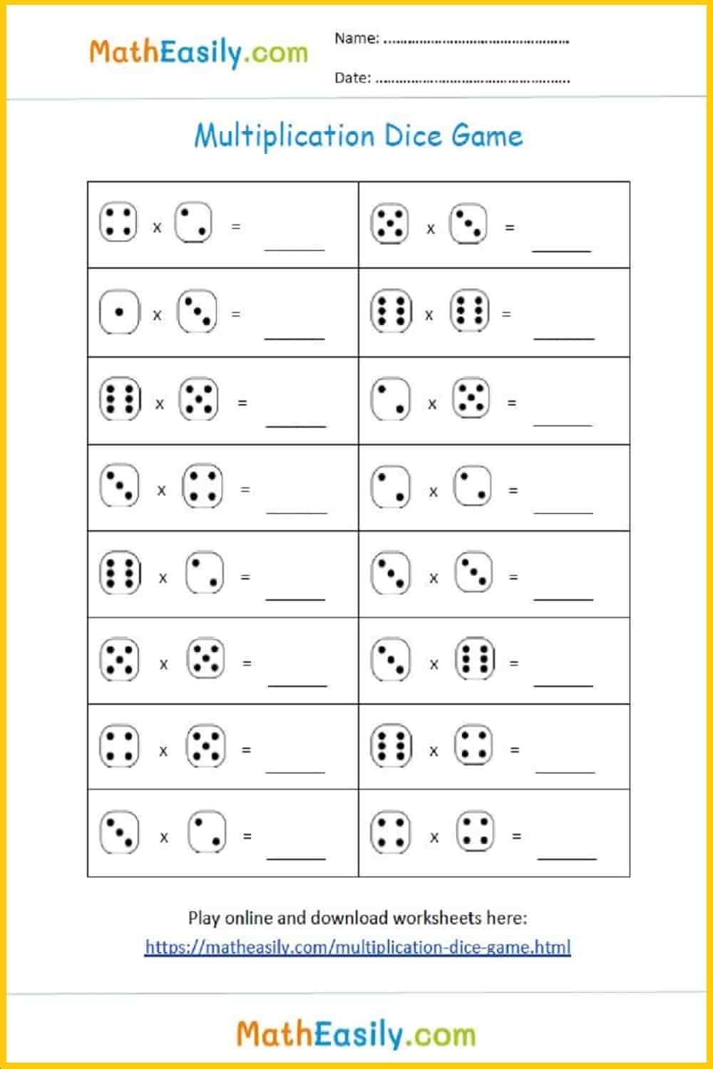 Free Multiplication Dice Games ONLINE Printable