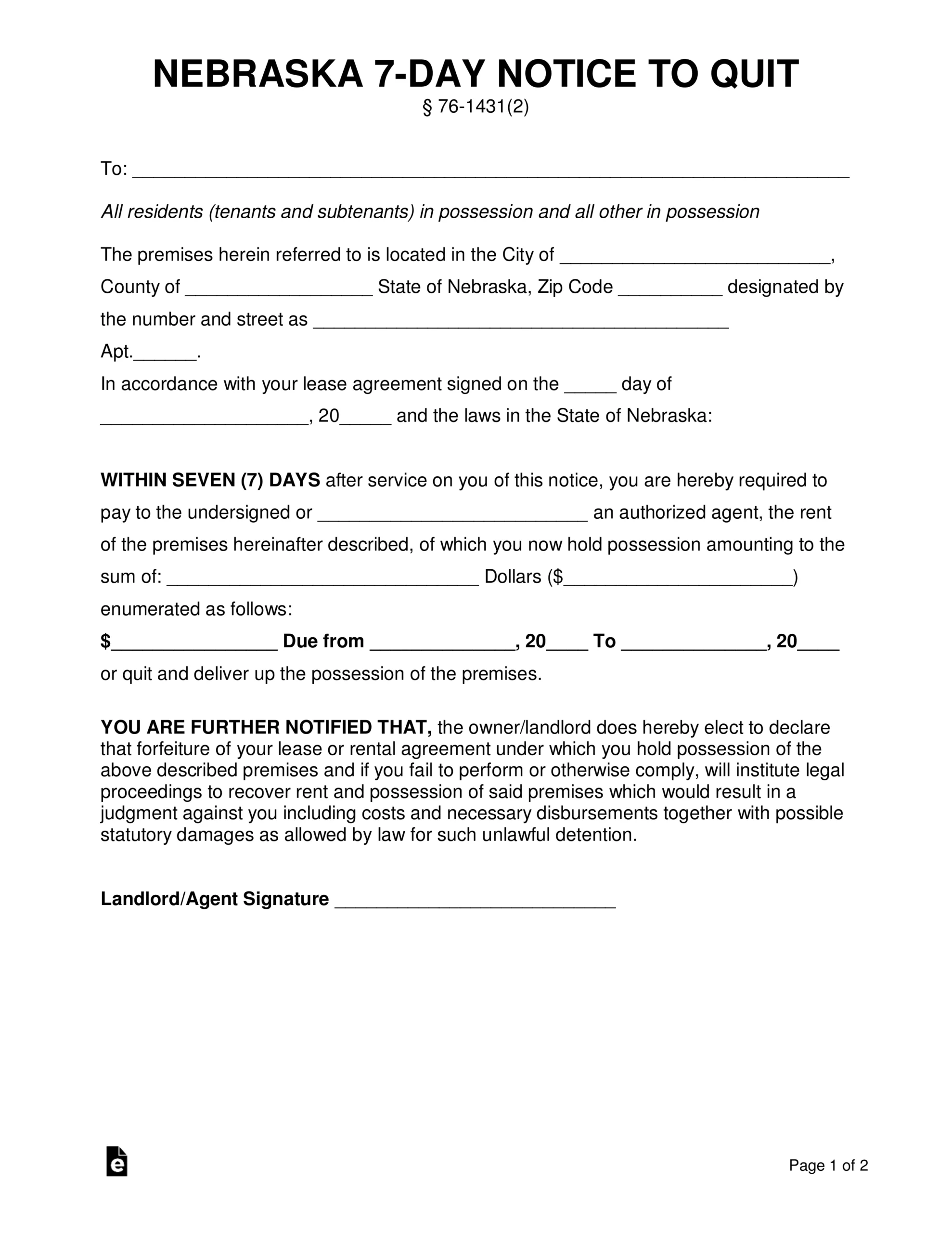 Free Nebraska 7 Day Notice To Quit Non Payment Of Rent PDF Word EForms