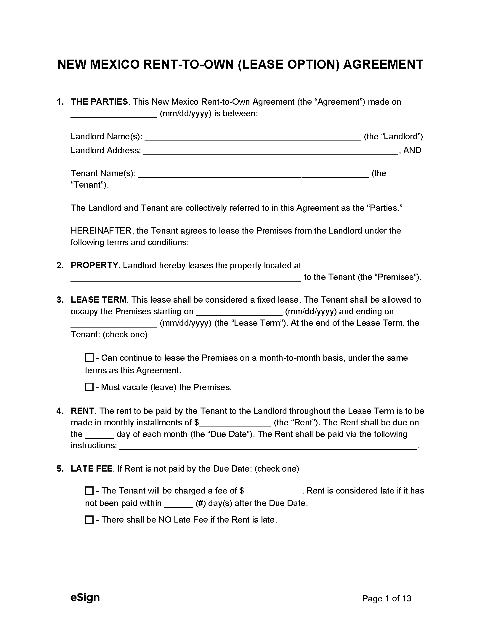 Free New Mexico Rent to Own Lease Option Agreement PDF Word