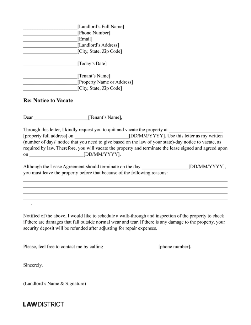 Free Notice To Vacate Letter Form Templates For Every State Lawdistrict