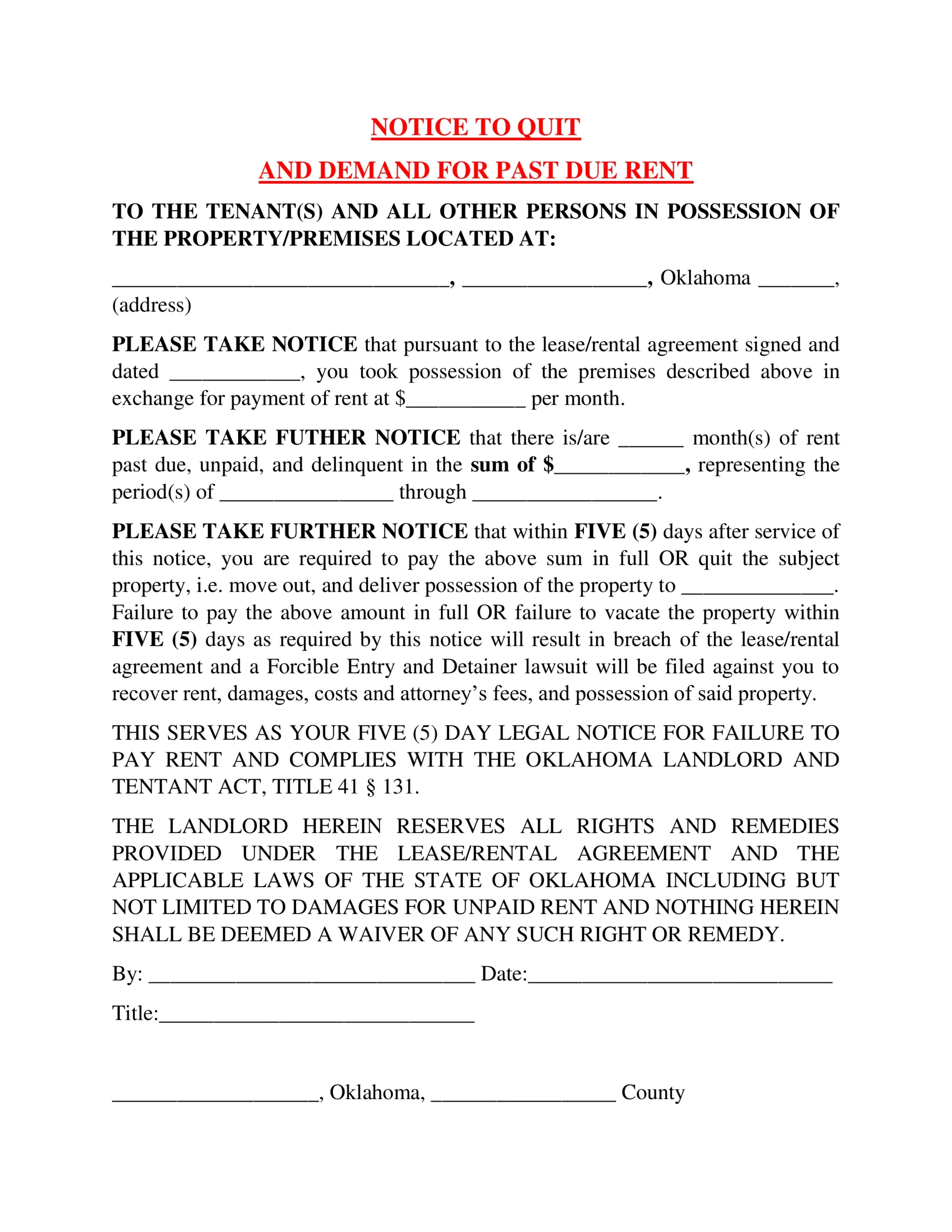 Free Oklahoma 5 Day Notice To Quit Form Non Payment Of Rent PDF Word EForms