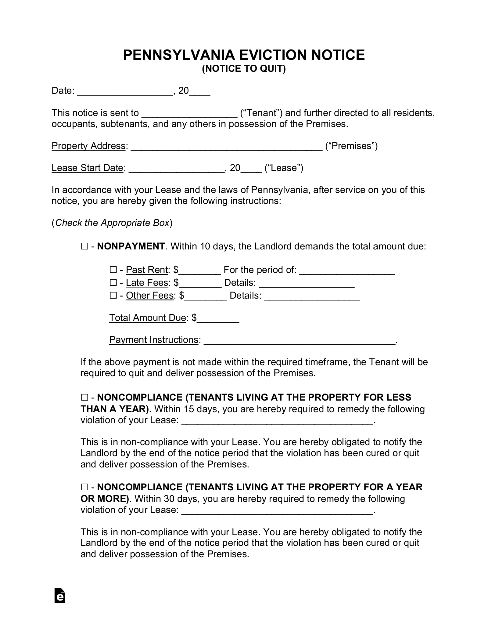 Free Pennsylvania Eviction Notice Forms 4 PDF Word EForms