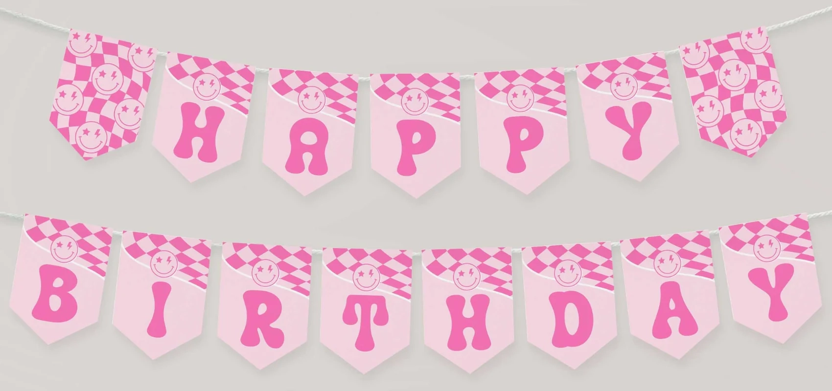 Free Pink Smiley Face Happy Birthday Pennant Banner High Peaks Studios LLC