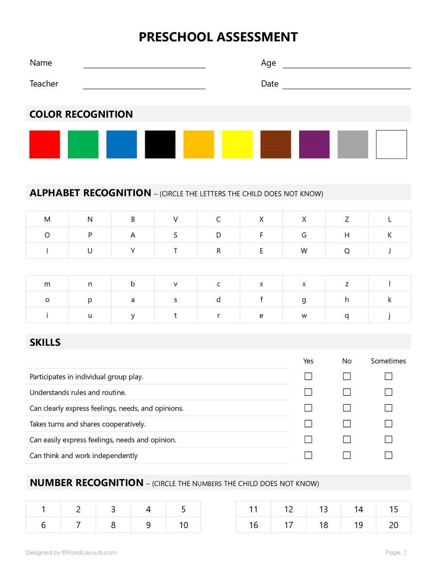 Free Pre School Assessment Templates WordLayouts