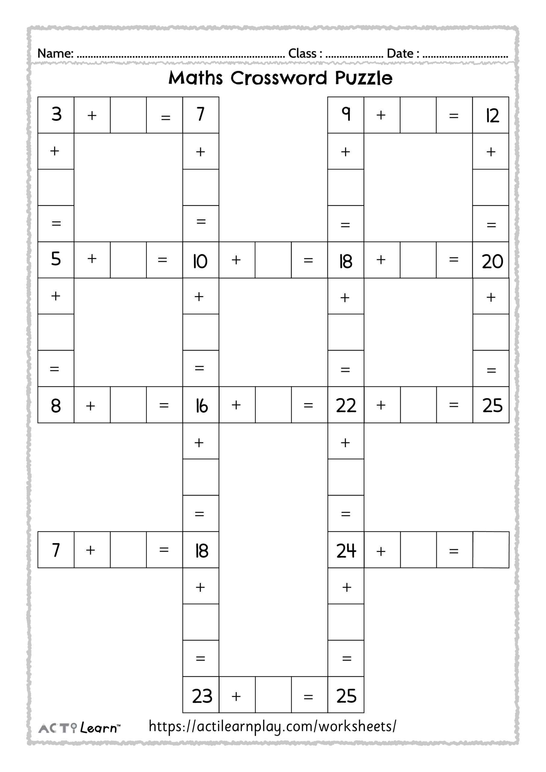 Free Printable Addition Subtraction Crossword Worksheet
